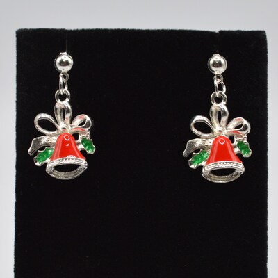 Red Bells with Mistletoe Silver Earrings - image1